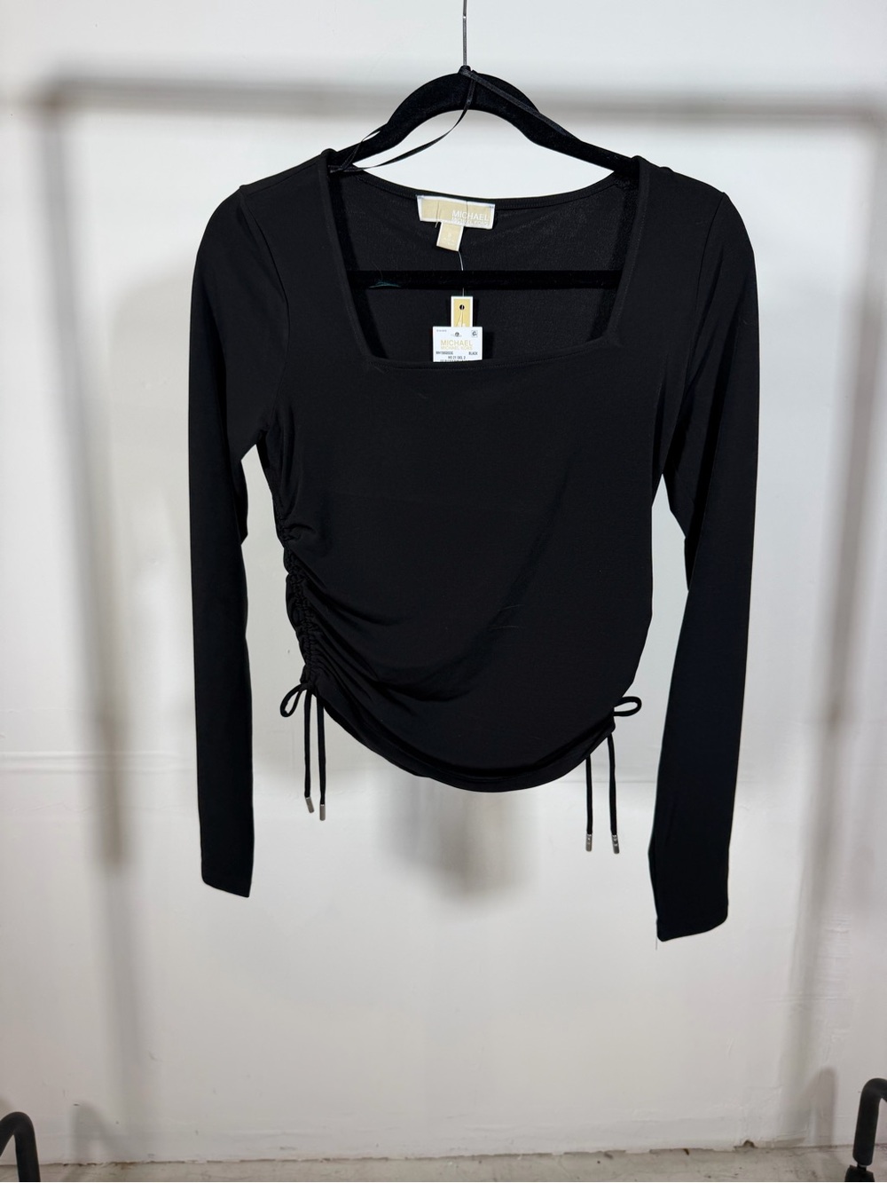 Michael Kors Black Square-Neck Long Sleeve Ruched Side Top